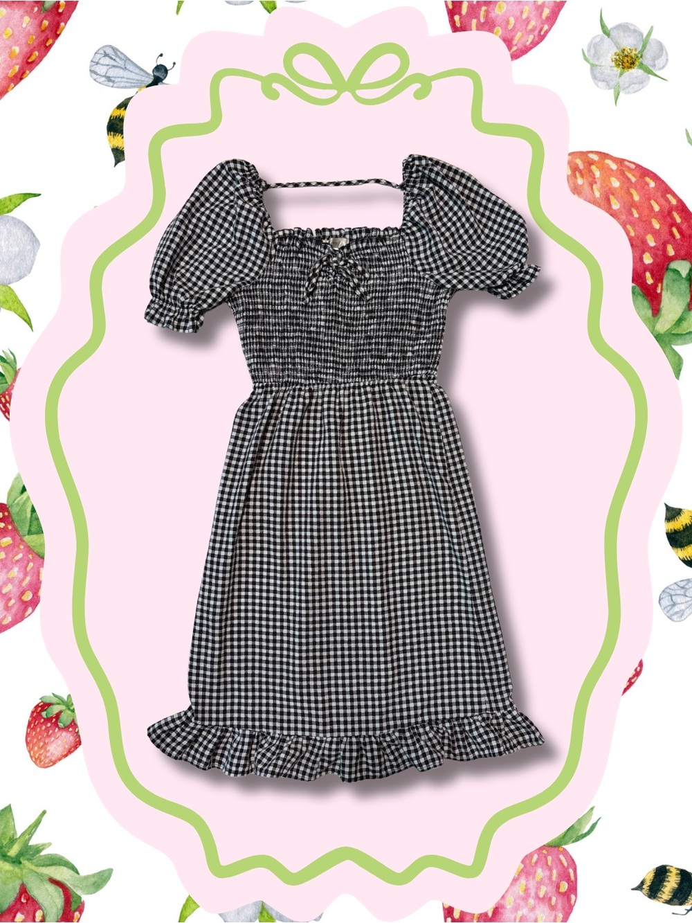 Honey & T Gingham Puff Sleeve Smocked Ruffle Midi Dress | Cottagecore | M
